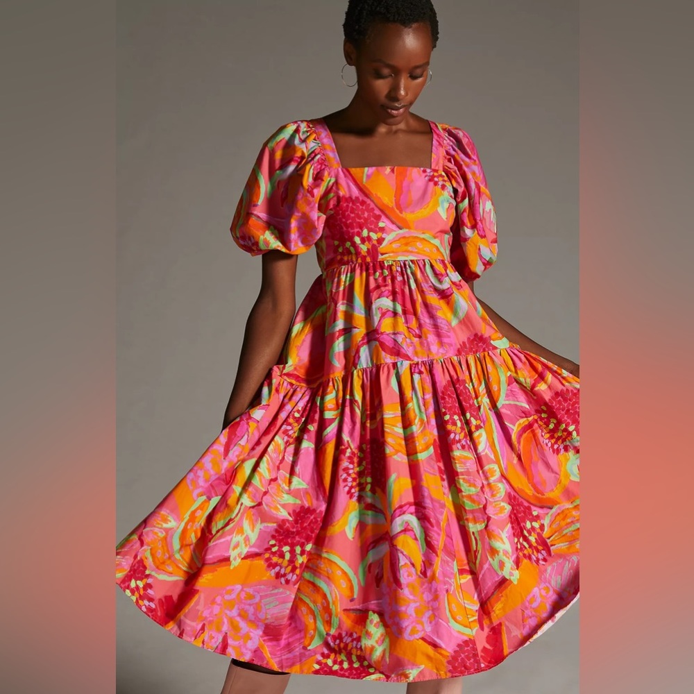 Farm Rio Tropical Colorful Puff-Sleeve Midi Dress